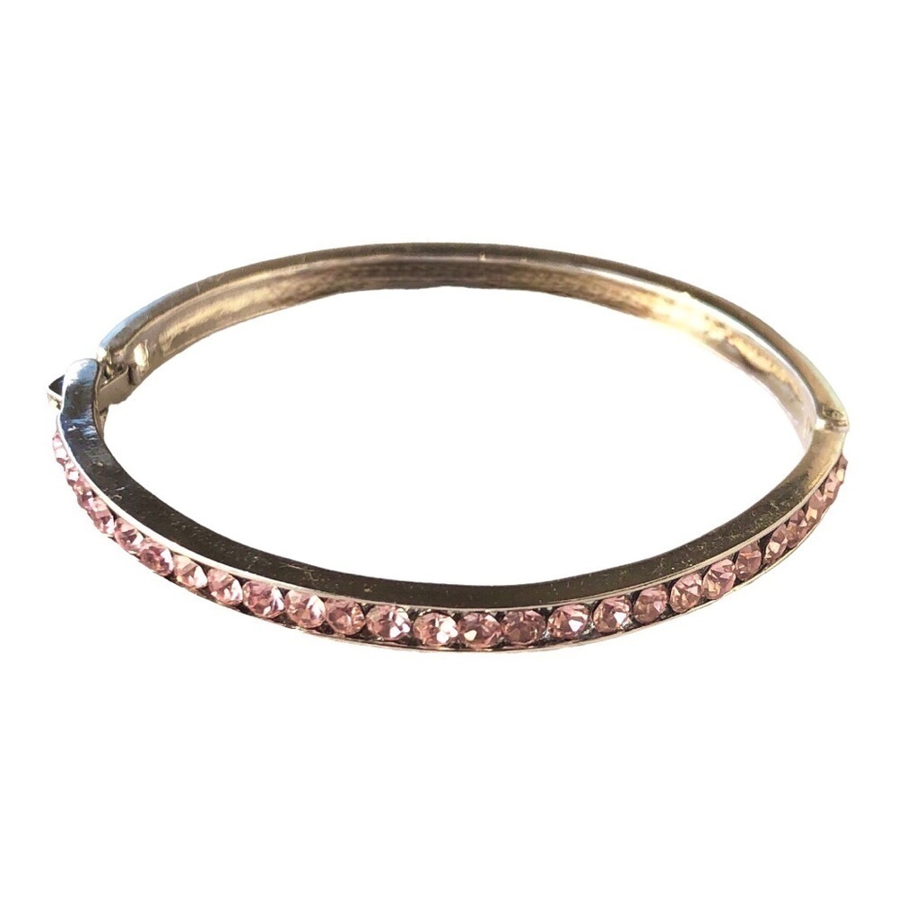 Vintage Pink Rhinestone Hinged Bangle Slim Silver Tone Coquette Prom